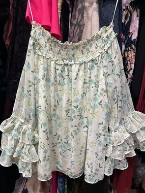 CeCe Cream Floral Off-Shoulder Ruffle Blouse with Mint Accents